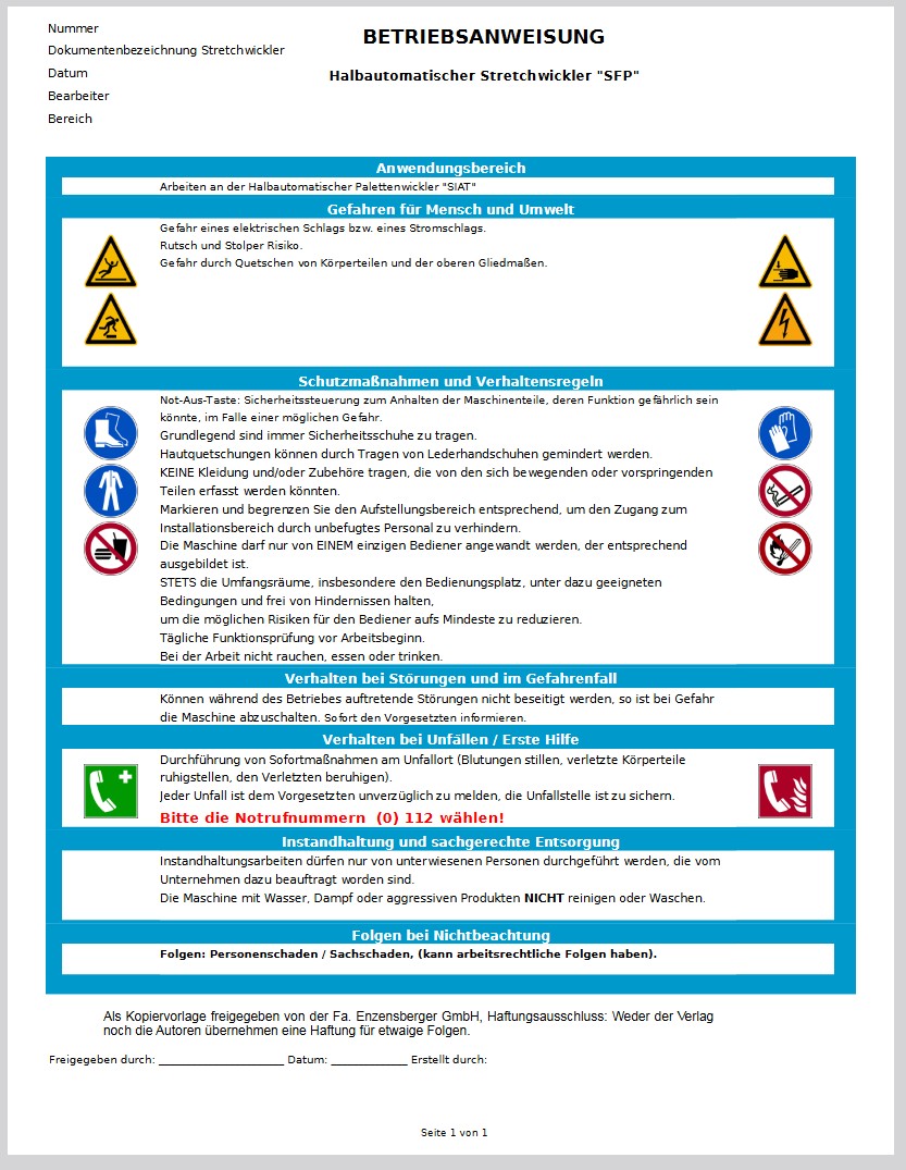 Betriebsanweisung Stretchmaschine Gefahrenhinweise Stretchwickler